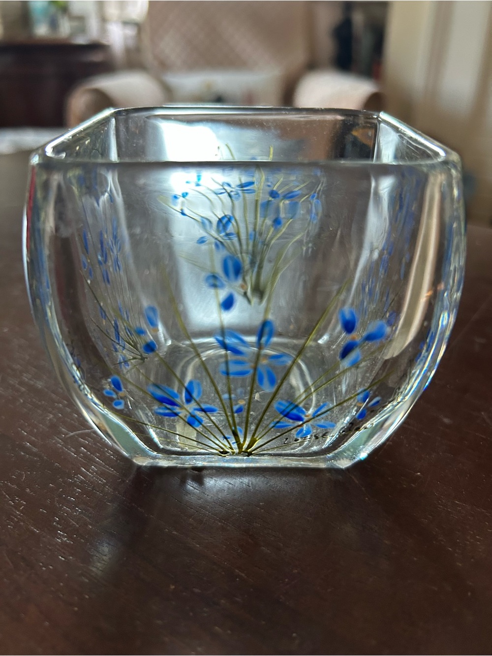 LOZIER Clear Glass Votive Holder with Blue Floral Design